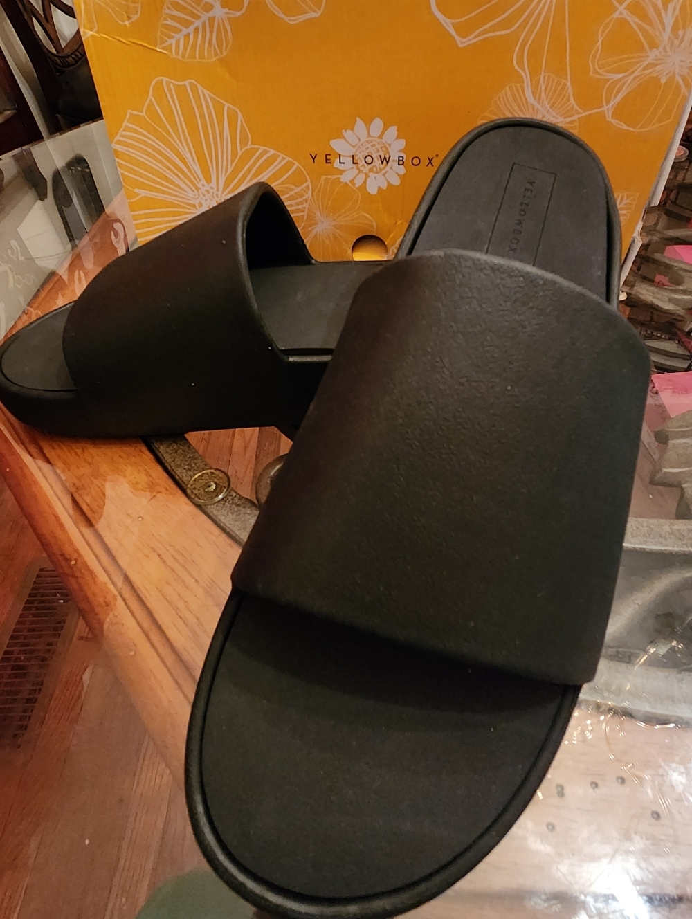 Yellow Box Black Slide Sandals